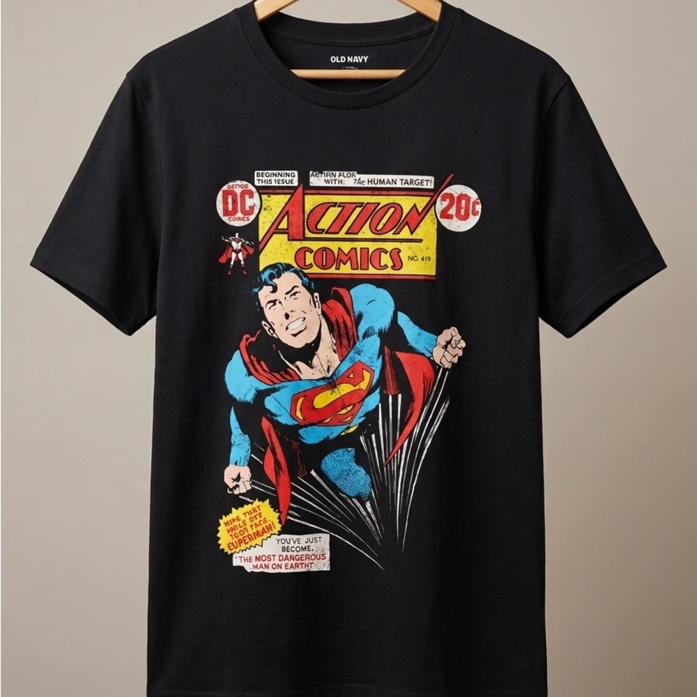 Old Navy Black Superman Action Comics Graphic Tee with Red & Blue Accents